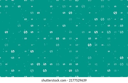 Seamless background pattern of evenly spaced white polymer symbols of different sizes and opacity. Vector illustration on teal background with stars