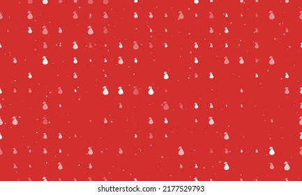 Seamless background pattern of evenly spaced white pear symbols of different sizes and opacity. Vector illustration on red background with stars