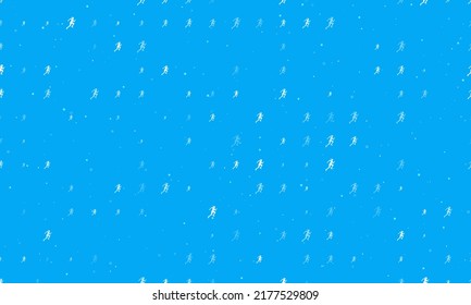 Seamless background pattern of evenly spaced white running woman symbols of different sizes and opacity. Vector illustration on light blue background with stars