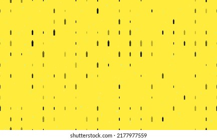 Seamless background pattern of evenly spaced black shampoo symbols of different sizes and opacity. Vector illustration on yellow background with stars