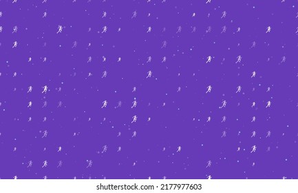 Seamless background pattern of evenly spaced white running woman symbols of different sizes and opacity. Vector illustration on deep purple background with stars