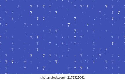 Seamless background pattern of evenly spaced white number seven symbols of different sizes and opacity. Vector illustration on indigo background with stars
