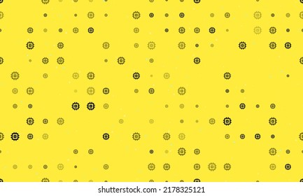 Seamless background pattern of evenly spaced black chip symbols of different sizes and opacity. Vector illustration on yellow background with stars