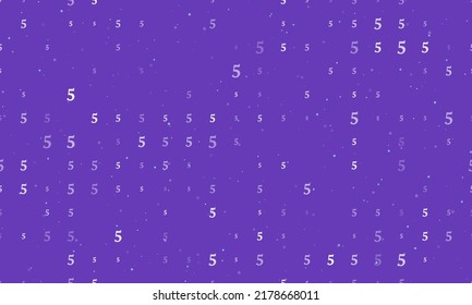 Seamless background pattern of evenly spaced white number five symbols of different sizes and opacity. Vector illustration on deep purple background with stars