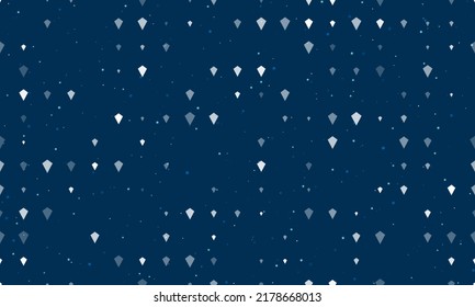Seamless background pattern of evenly spaced white kite symbols of different sizes and opacity. Vector illustration on dark blue background with stars