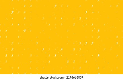 Seamless background pattern of evenly spaced white running woman symbols of different sizes and opacity. Vector illustration on amber background with stars