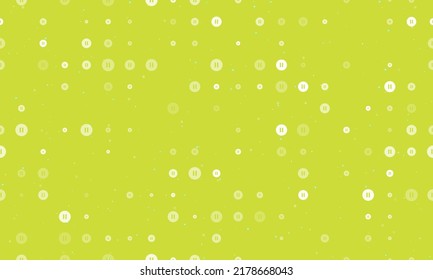 Seamless background pattern of evenly spaced white pause symbols of different sizes and opacity. Vector illustration on lime background with stars