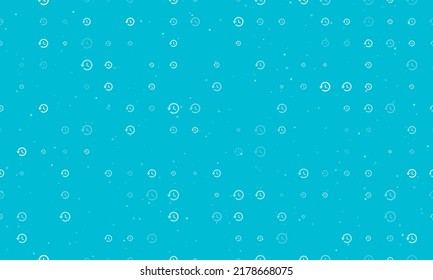 Seamless background pattern of evenly spaced white time back symbols of different sizes and opacity. Vector illustration on cyan background with stars