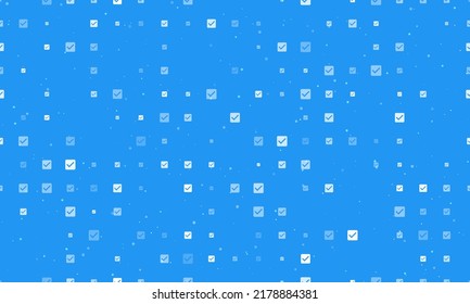 Seamless background pattern of evenly spaced white checkbox symbols of different sizes and opacity. Vector illustration on blue background with stars