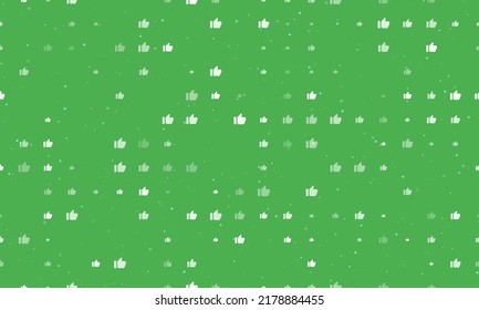 Seamless background pattern of evenly spaced white thumb up symbols of different sizes and opacity. Vector illustration on green background with stars