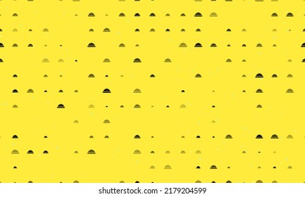 Seamless background pattern of evenly spaced black cloche symbols of different sizes and opacity. Vector illustration on yellow background with stars