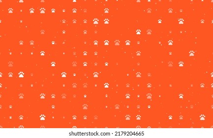Seamless background pattern of evenly spaced white pet symbols of different sizes and opacity. Vector illustration on deep orange background with stars