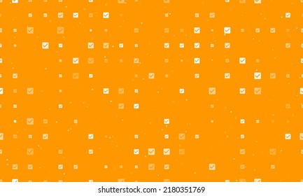 Seamless background pattern of evenly spaced white checkbox symbols of different sizes and opacity. Vector illustration on orange background with stars