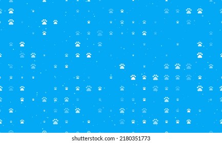 Seamless background pattern of evenly spaced white pet symbols of different sizes and opacity. Vector illustration on light blue background with stars