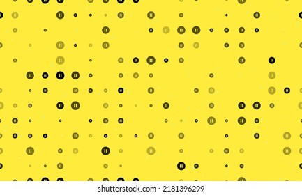 Seamless background pattern of evenly spaced black pause symbols of different sizes and opacity. Vector illustration on yellow background with stars