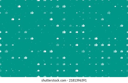 Seamless background pattern of evenly spaced white thumb up symbols of different sizes and opacity. Vector illustration on teal background with stars