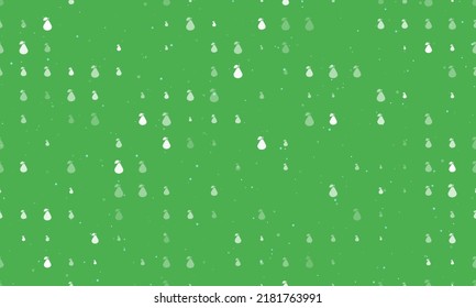 Seamless background pattern of evenly spaced white pear symbols of different sizes and opacity. Vector illustration on green background with stars