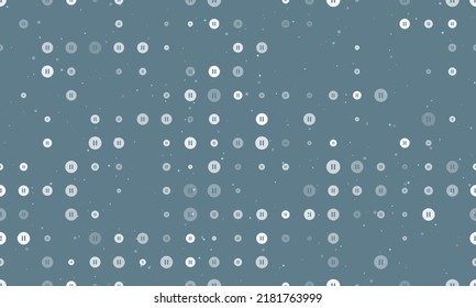 Seamless background pattern of evenly spaced white pause symbols of different sizes and opacity. Vector illustration on blue grey background with stars