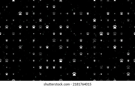 Seamless background pattern of evenly spaced white pet symbols of different sizes and opacity. Vector illustration on black background with stars