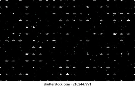 Seamless background pattern of evenly spaced white paper boat symbols of different sizes and opacity. Vector illustration on black background with stars