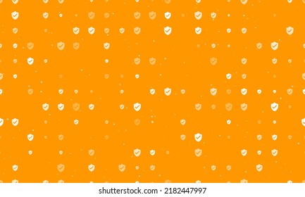 Seamless background pattern of evenly spaced white protection mark symbols of different sizes and opacity. Vector illustration on orange background with stars