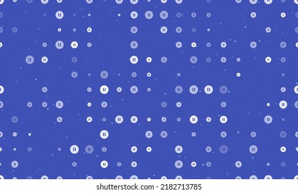 Seamless background pattern of evenly spaced white pause symbols of different sizes and opacity. Vector illustration on indigo background with stars