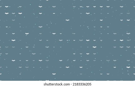 Seamless background pattern of evenly spaced white bat symbols of different sizes and opacity. Vector illustration on blue gray background with stars