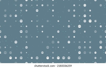 Seamless background pattern of evenly spaced white masked face symbols of different sizes and opacity. Vector illustration on blue grey background with stars