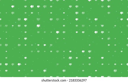 Seamless background pattern of evenly spaced white thumb down symbols of different sizes and opacity. Vector illustration on green background with stars
