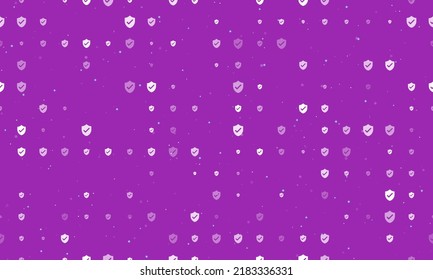Seamless background pattern of evenly spaced white protection mark symbols of different sizes and opacity. Vector illustration on purple background with stars