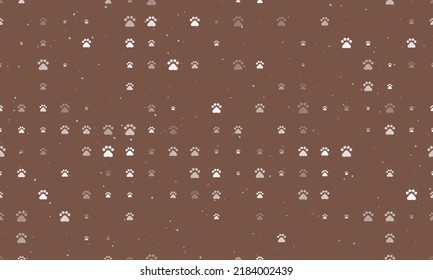 Seamless background pattern of evenly spaced white pet symbols of different sizes and opacity. Vector illustration on brown background with stars