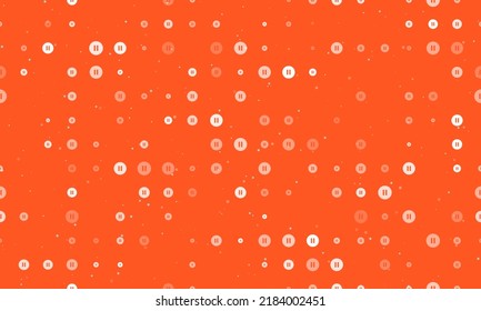 Seamless background pattern of evenly spaced white pause symbols of different sizes and opacity. Vector illustration on deep orange background with stars