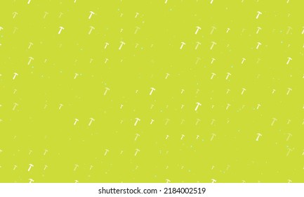 Seamless background pattern of evenly spaced white hammer symbols of different sizes and opacity. Vector illustration on lime background with stars