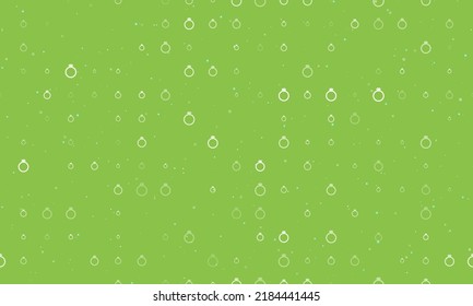 Seamless background pattern of evenly spaced white diamond ring symbols of different sizes and opacity. Vector illustration on light green background with stars
