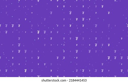 Seamless background pattern of evenly spaced white tugrik symbols of different sizes and opacity. Vector illustration on deep purple background with stars