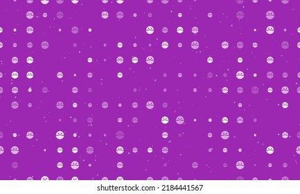 Seamless background pattern of evenly spaced white masked face symbols of different sizes and opacity. Vector illustration on purple background with stars