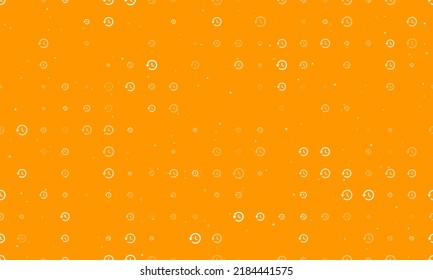 Seamless background pattern of evenly spaced white time back symbols of different sizes and opacity. Vector illustration on orange background with stars