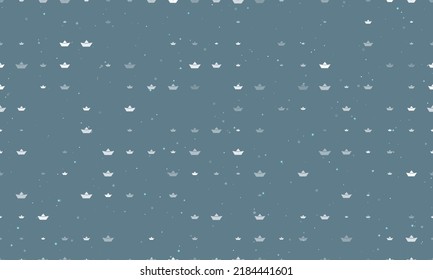 Seamless background pattern of evenly spaced white paper boat symbols of different sizes and opacity. Vector illustration on blue grey background with stars