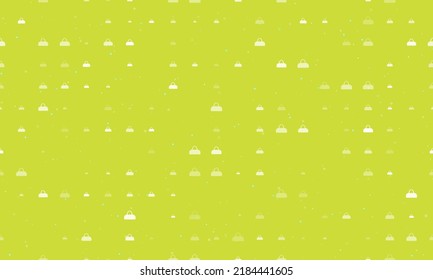 Seamless background pattern of evenly spaced white sports bag symbols of different sizes and opacity. Vector illustration on lime background with stars