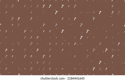 Seamless background pattern of evenly spaced white hammer symbols of different sizes and opacity. Vector illustration on brown background with stars
