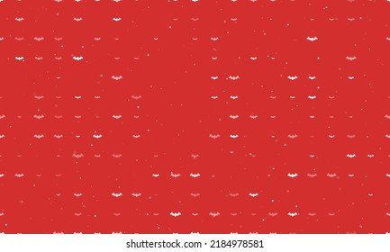 Seamless background pattern of evenly spaced white bat symbols of different sizes and opacity. Vector illustration on red background with stars