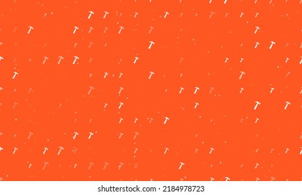 Seamless background pattern of evenly spaced white hammer symbols of different sizes and opacity. Vector illustration on deep orange background with stars