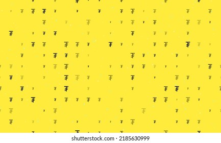 Seamless background pattern of evenly spaced black tugrik symbols of different sizes and opacity. Vector illustration on yellow background with stars