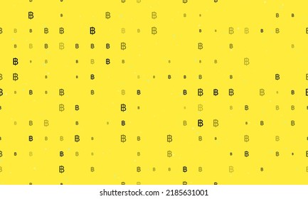 Seamless background pattern of evenly spaced black thai baht symbols of different sizes and opacity. Vector illustration on yellow background with stars
