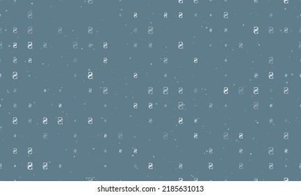 Seamless background pattern of evenly spaced white hryvnia symbols of different sizes and opacity. Vector illustration on blue grey background with stars