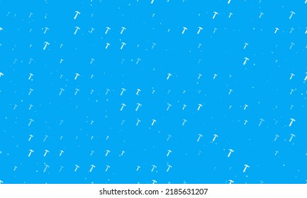 Seamless background pattern of evenly spaced white hammer symbols of different sizes and opacity. Vector illustration on light blue background with stars