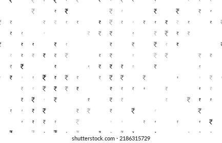 Seamless background pattern of evenly spaced black indian rupee symbols of different sizes and opacity. Vector illustration on white background