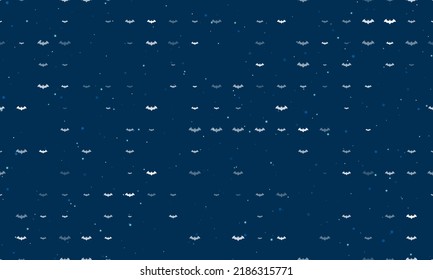 Seamless background pattern of evenly spaced white bat symbols of different sizes and opacity. Vector illustration on dark blue background with stars
