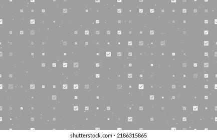 Seamless background pattern of evenly spaced white checkbox symbols of different sizes and opacity. Vector illustration on grey background with stars