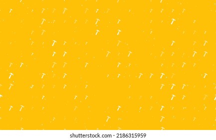Seamless background pattern of evenly spaced white hammer symbols of different sizes and opacity. Vector illustration on amber background with stars